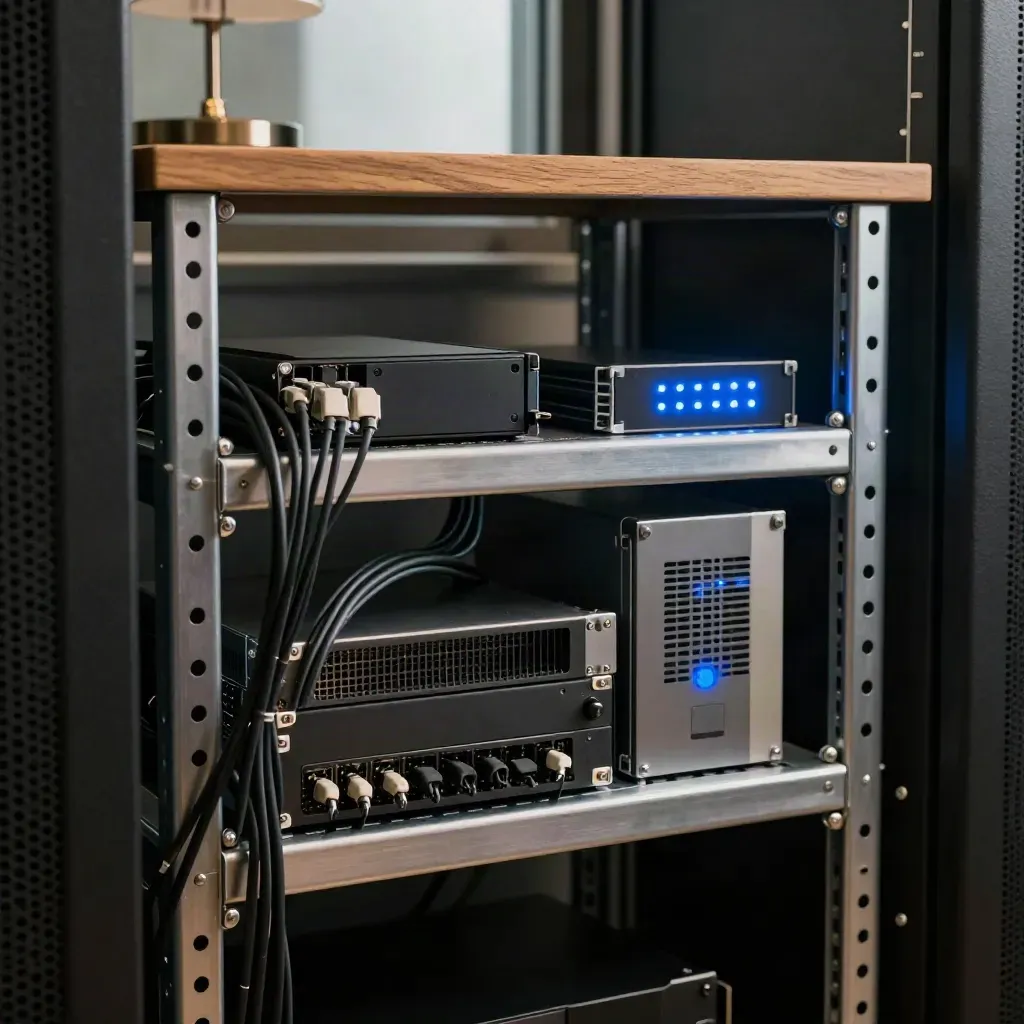Compact serverrek met kabels, back-upschijf en UPS in warme late middaglicht.