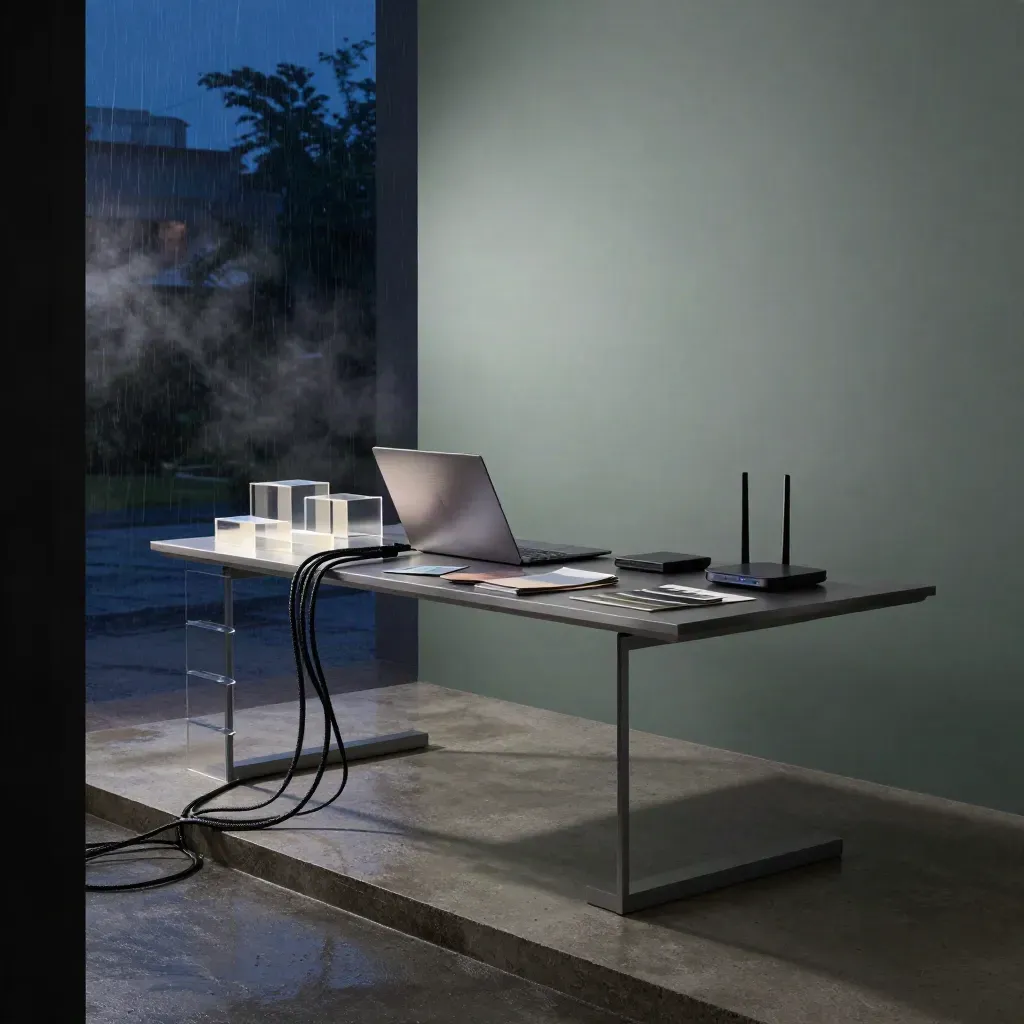 Donkere studio met laptop, acrylblokken, kabels en router in regenachtige blue hour.
