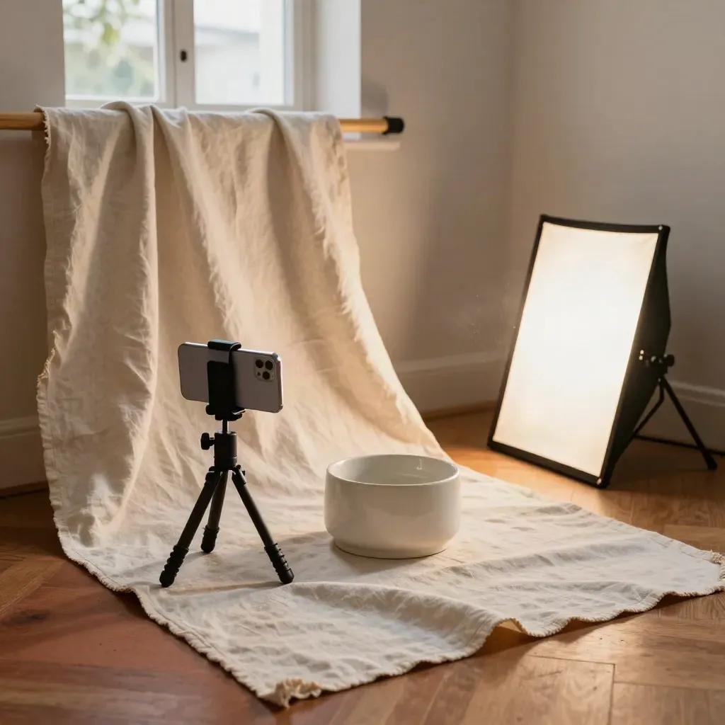 Smartphone op statiefje naast linnen doek, keramisch podium en reflector in een warme studiohoek.
