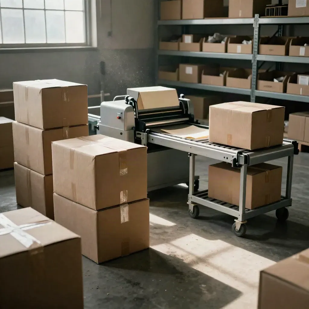 Magazijn met stapels pakketten, sealmachine en zachte namiddagzon.