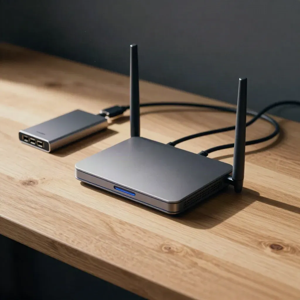 Ethernetkabel, SSD, USB-hub en router op een lichte werkbank tijdens een connectietest.