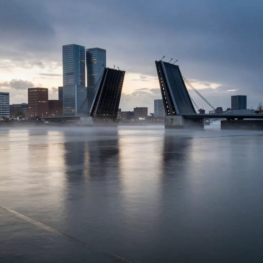 Rotterdam skyline met de Erasmusbrug, mist boven de Maas en reflecties na regen